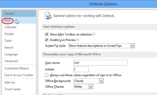 Trong hộp thoại Outlook Options, nhấp vào Mail trong danh sách menu bên trái. Cách vô hiệu tính năng Auto-Complete trong Outlook 2013