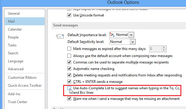 Bỏ chọn hộp kiểm Use Auto-Complete List to suggest names when typing in the To, Cc, and Bcc lines. Cách vô hiệu tính năng Auto-Complete trong Outlook 2013