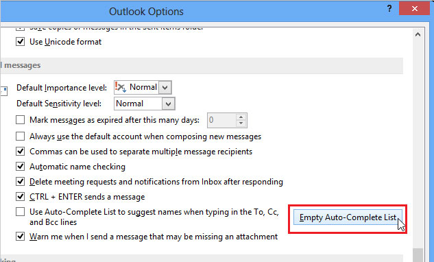Bạn có thể xóa danh sách đã sử dụng bằng cách nhấn vào nút Empty Auto-Complete List. Cách vô hiệu tính năng Auto-Complete trong Outlook 2013