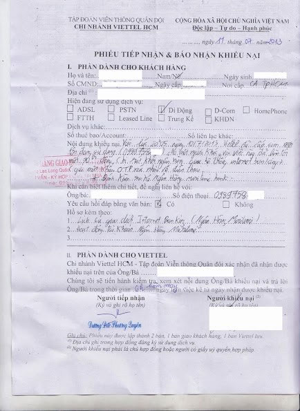 Phiếu tiếp nhận của Viettel. Cướp sim để rút tiền: Thủ đoạn quá dễ