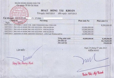 Bản Hoạt động tài khoản của Maritime bank cấp (đóng đấu tròn). Cướp sim để rút tiền: Thủ đoạn quá dễ