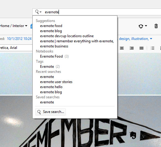 Một ví dụ của tính năng Tìm kiếm mới, thông minh hơn. Ứng dụng ghi chú Evernote cập nhật phiên bản dành cho Windows