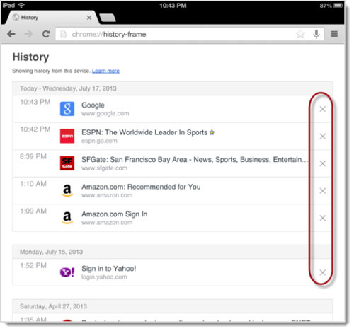 Bạn có thể xóa từng trang web từ lịch sử duyệt web bằng cách nhấn dấu “X” bên cạnh. Truy cập lịch sử duyệt web trên Chrome 28 cho iOS