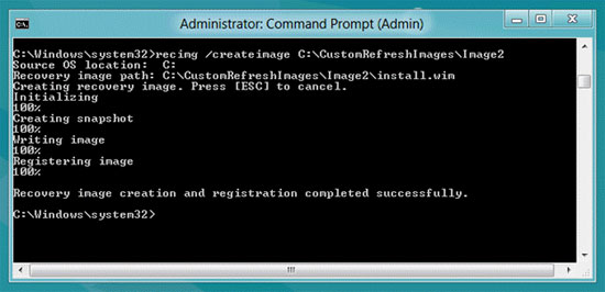 Gõ lệnh recimg /CreateImage C:\CustomRefreshImages\Image2 Tạo điểm phục hồi tuỳ chỉnh cho Windows 8