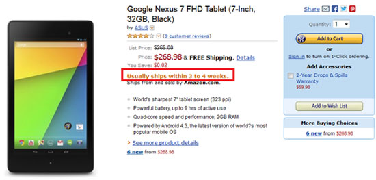Amazon phải dời lịch chuyển Nexus 7 mới phiên bản 32 GB thành từ 3 đến 4 tuần. Một số kênh bán lẻ "cháy hàng" Nexus 7 mới