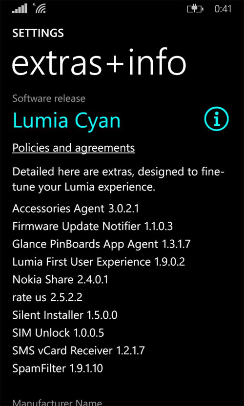 Setting/ Extras + Info Lumia 925 và 625 Việt Nam đã lên Cyan từ 12h đêm