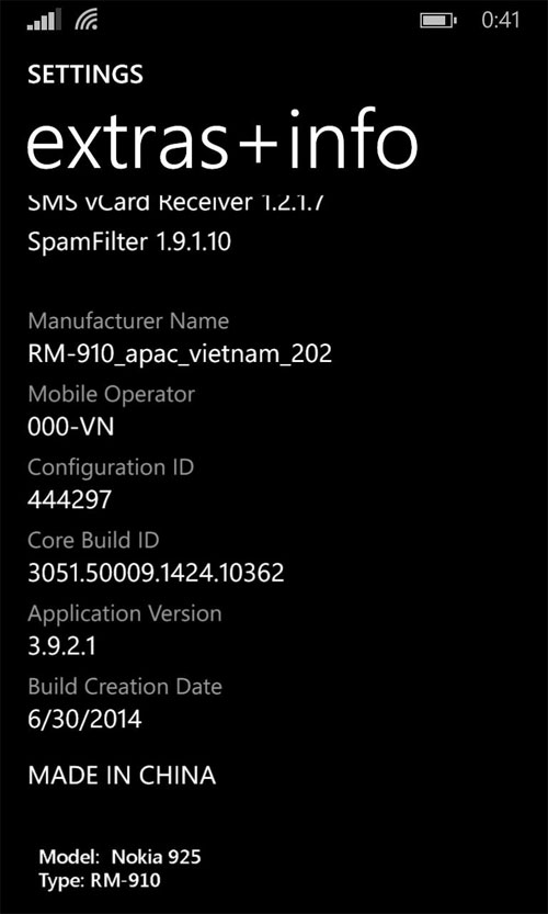 Setting/ Extras + Info Lumia 925 và 625 Việt Nam đã lên Cyan từ 12h đêm