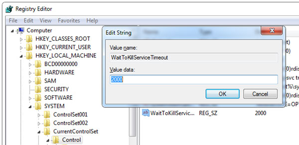 Cửa sổ Registry Editor Tối ưu hóa quá trình Shutdown trong 2 giây