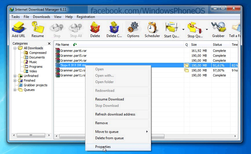 Click chuột phải file đang download chọn Properties Hướng dẫn sửa lỗi download 99% bị dừng lại trên IDM