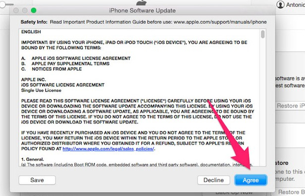 Nhấn Agree (đồng ý) Phải làm thế nào khi muốn lên đời iOS 8.4 mà iPhone thiếu bộ nhớ?