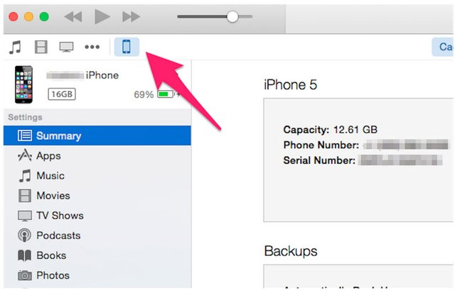Click vào biểu tượng iPhone Phải làm thế nào khi muốn lên đời iOS 8.4 mà iPhone thiếu bộ nhớ?