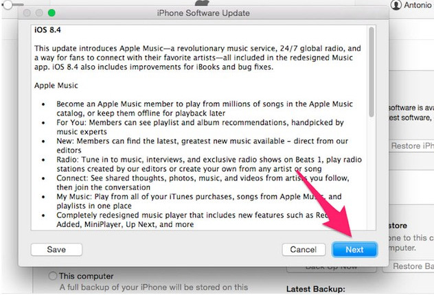 Nhấn Next Phải làm thế nào khi muốn lên đời iOS 8.4 mà iPhone thiếu bộ nhớ?