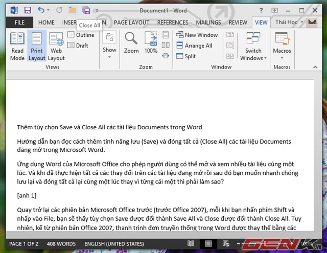 Thêm tùy chọn Save và Close All các tài liệu Documents trong Word