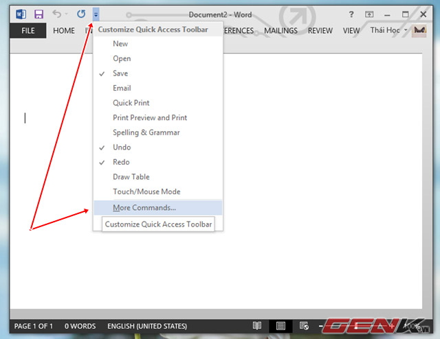 Chọn More Commands. Thêm tùy chọn Save và Close All các tài liệu Documents trong Word