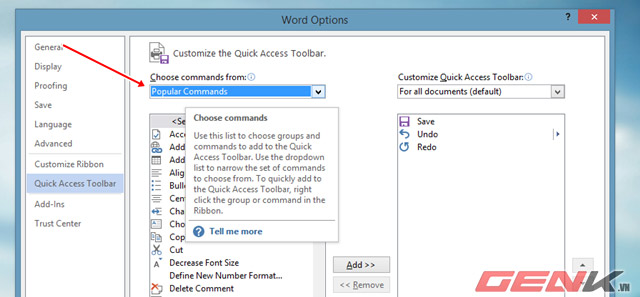 Mở danh sách tùy chọn ra Thêm tùy chọn Save và Close All các tài liệu Documents trong Word