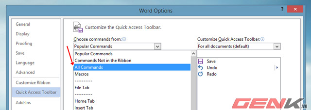 Nhấp vào tùy chọn All Commands. Thêm tùy chọn Save và Close All các tài liệu Documents trong Word