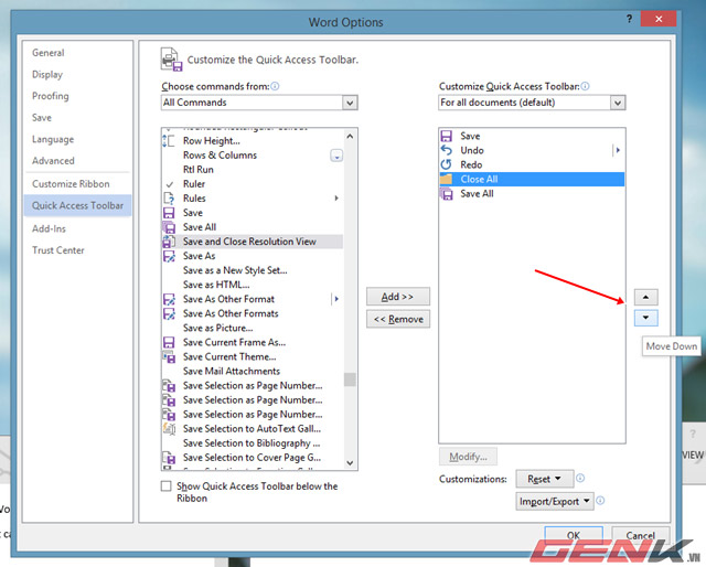 Nhấp vào 2 mũi tên lên và xuống Thêm tùy chọn Save và Close All các tài liệu Documents trong Word