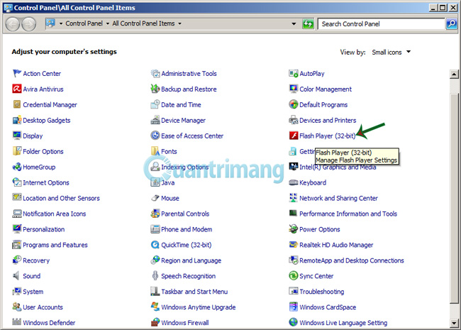 Mở thiết lập Flash Player