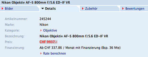 Giá Nikon 800mm f/5.6 có thể là 10.200 USD