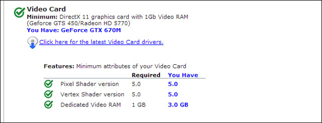 Sau đó bạn sẽ được trang web cung cấp các thông tin về so sánh cấu hình cùng kết luận xem bạn có thể "chiến" được Game hay không. Kiểm tra sức mạnh của máy tính trước khi chơi Game