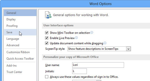 Cách thay đổi thời gian tự động lưu trong Word 2013