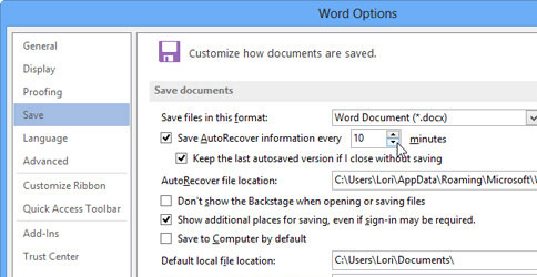 Thay đổi số phút (minutes). Cách thay đổi thời gian tự động lưu trong Word 2013