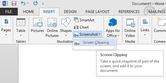 Hướng dẫn sử dụng công cụ Screenshot Tool trong Microsoft Word 2013