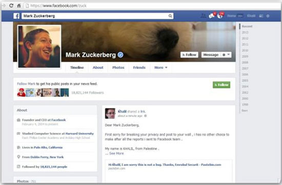 Chuyên gia công nghệ đăng thông tin lên Timeline của Mark Zuckerberg để chứng minh lỗ hổng. Tài khoản Facebook của Mark Zuckerberg bị hack