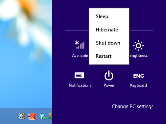 Xuất hiện thêm tùy chọn Hibernate trong danh sách ngoài các tùy chọn có sẵn trước đây là Sleep, Shutdown và Restart. Kích hoạt chế độ Hibernate trên laptop Windows 8