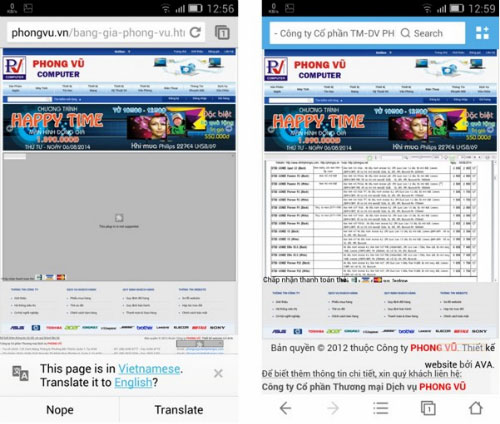 Hình bên trái là trình duyệt Chrome không mở được hiệu ứng flash nhúng trên web Smartphone Gionee S5.5 nâng cấp lên Android 4.4 KitKat