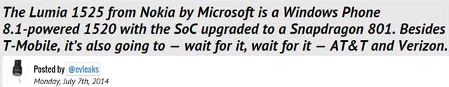 Thông tin evleaks cung cấp trước đó Lumia 1525 bắt đầu được dọn đường trước khi trình làng