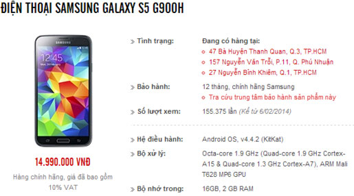 Galaxy S5 giảm giá 1 triệu đồng