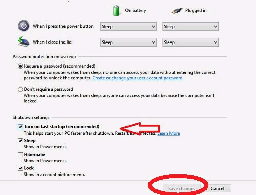 Tích bỏ chọn Turn on fast startup Sửa lỗi Windows 8 khi gặp màn hình đen