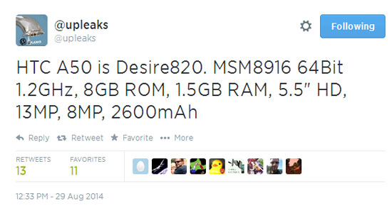 Lộ cấu hình HTC Desire 820 ra mắt trong tháng 9