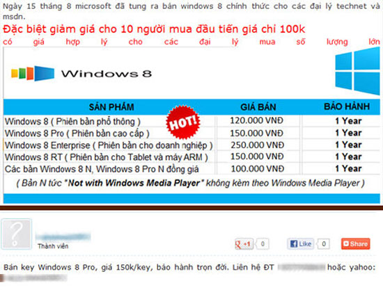 "Key" bản quyền Windows 8 được rao bán giá 100.000 đồng