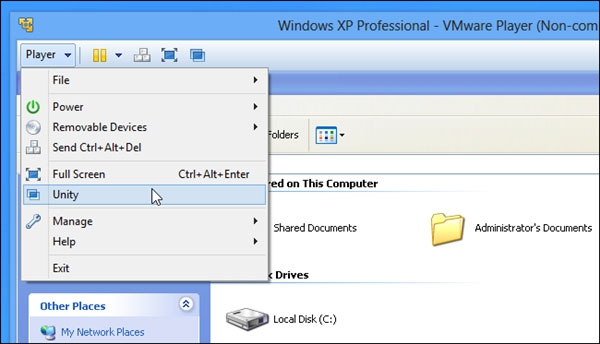 Trong màn hình máy ảo Windows XP, bạn nhấn chọn "Player > Unity". Sử dụng chế độ Windows XP Mode trên Windows 8