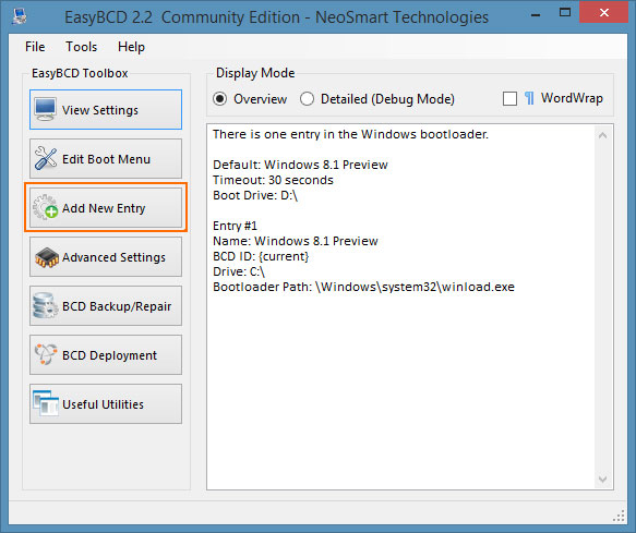 Khởi động EasyBCD. Nhấn chọn "Add New Entry". Hướng dẫn thiết lập Boot từ tập tin ISO cho máy tính