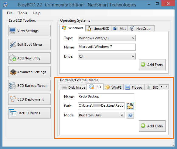 Nhấn "Add Entry" để lưu lại. Hướng dẫn thiết lập Boot từ tập tin ISO cho máy tính
