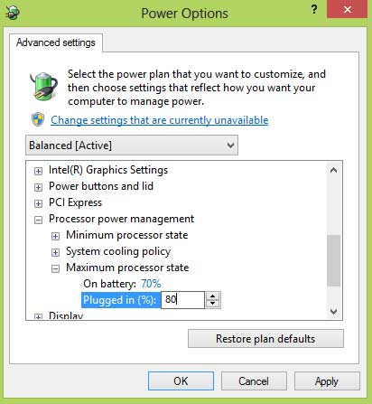 Phần Maximum processor state thiết lập ở mức 70-80% 5 cách đơn giản giúp tản nhiệt laptop hiệu quả