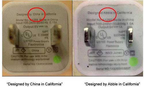 Trên USB Power Adapter giả, bạn có thể thấy dòng chữ "Designed in China in California" Một số mẹo phân biệt hàng công nghệ giả