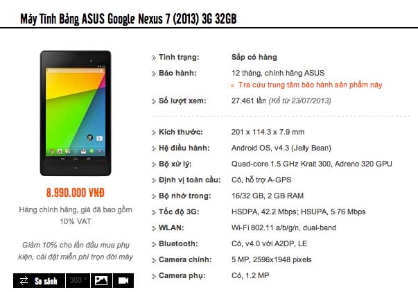 Thông tin của Nexus 7 2 phiên bản 32 GB đã được Mai Nguyên Luxury công bố giá Nexus 7 Wi-Fi thế hệ 2 chính hãng giá 6 triệu đồng