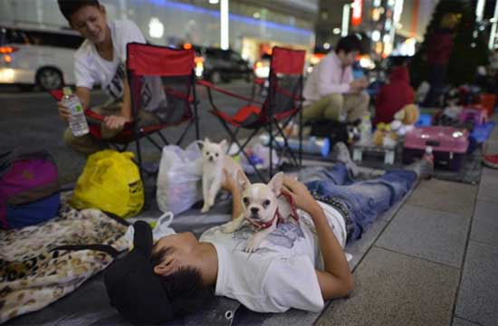 Việc dẫn theo cún cưng cùng xếp hàng cũng là cách mà một số "fan" lựa chọn. Không khí ngày bán iPhone 5S, iPhone 5C đầu tiên trên thế giới