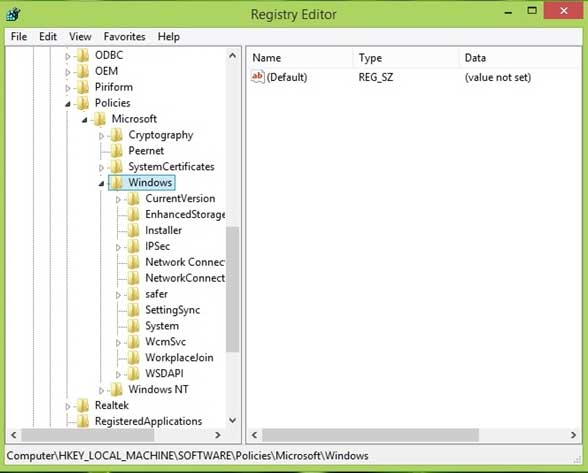 Tìm đường dẫn: HKEY_LOCAL_MACHINE/SOFTWARE/Policies/Microsoft/Windows Tắt tính năng tự động khởi động lại trên Windows 7/8/8.1