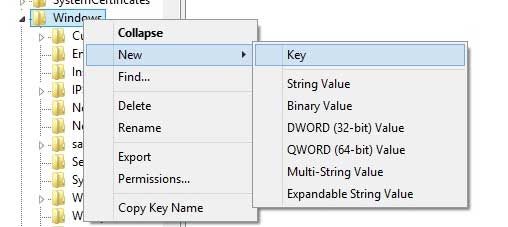 Nhấn phải chuột và chọn "New > Key" để tạo 1 hàm khóa trong đường dẫn này. Tắt tính năng tự động khởi động lại trên Windows 7/8/8.1