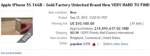 Cơn sốt iPhone vỏ vàng đã đẩy giá sản phẩm lên cao ngất. iPhone 5S màu vàng được mua giá 210 triệu đồng