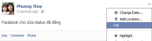 Facebook cho phép sửa status đã đăng