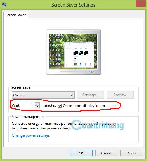 Để khóa màn hình tự động, tích vào hộp kiểm On resume và đặt số phút thích hợp cho tùy chọn Wait. Kiểm soát cách Windows khóa và tiết kiệm năng lượng