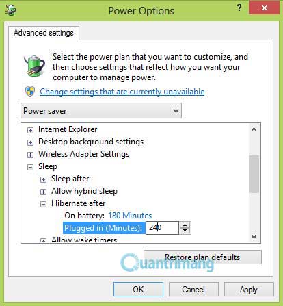 Trong hộp thoại hiện ra, mở rộng phần Sleep > mở rộng phần Hibernate after > đặt số phút. Kiểm soát cách Windows khóa và tiết kiệm năng lượng