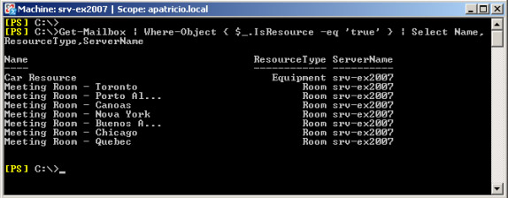 Hình 11: Tất cả resource mailbox và loại của chúng bằng sử dụng Exchange Management Shell
