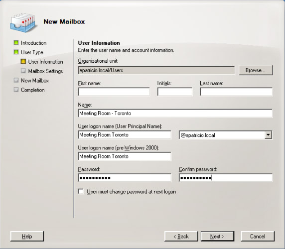 Hình 2: Điền dữ liệu thông tin người dùng Resource mailbox và chọn OU.